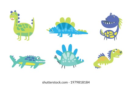 Funny Dinosaurs as Ancient Reptiles with Horns, Tail and Fangs Vector Set
