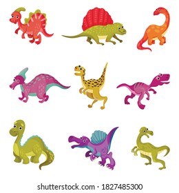 Funny Dinosaurs as Ancient Reptiles Isolated on White Background Vector Set