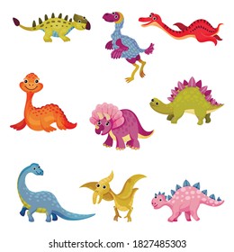Funny Dinosaurs as Ancient Reptiles Isolated on White Background Vector Set