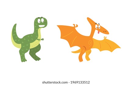 Funny Dinosaurs as Ancient Reptiles Isolated on White Background Vector Set