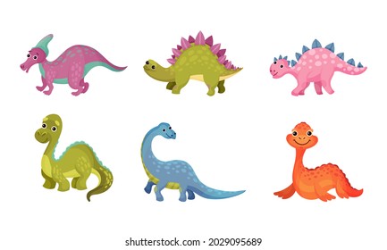 Funny Dinosaurs As Ancient Reptiles Isolated On White Background Vector Set