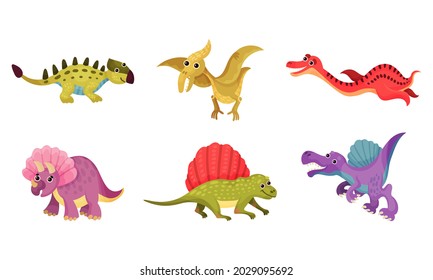 Funny Dinosaurs As Ancient Reptiles Isolated On White Background Vector Set