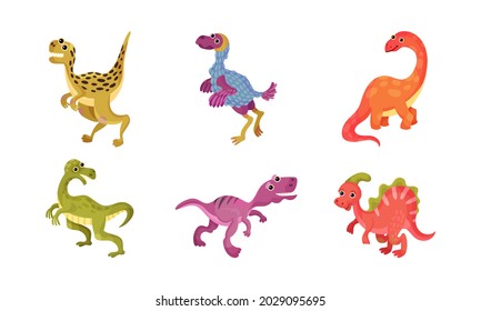 Funny Dinosaurs As Ancient Reptiles Isolated On White Background Vector Set