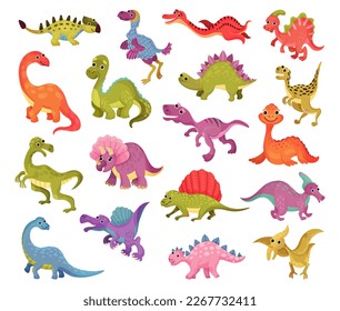 Funny Dinosaurs as Ancient Reptiles Isolated on White Background Big Vector Set