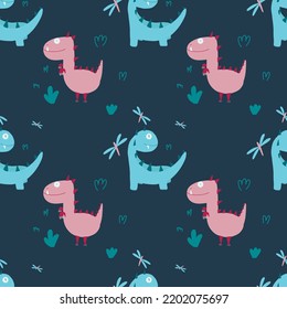 funny dinosaurs of bright colors on a blue background. baby vector pattern
