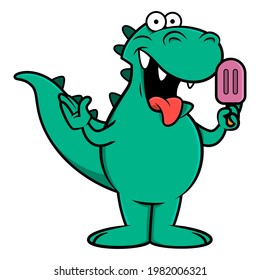 Funny dinosaurs cartoon characters eat an ice cream, best for mascot, logo, and sticker of ice cream product