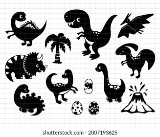 Funny dinosaurs cartoon clip art. Silhouette vector flat illustration. Cutting file. Suitable for cutting software. Cricut, Silhouette svg