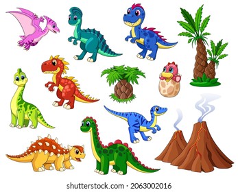 Funny dinosaurs. Cartoon dinosaur, cute dino collection. Palm tree, funny prehistoric animals. Childish beast, paleontology garish vector characters