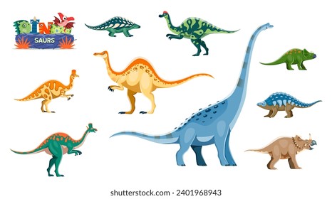 Funny dinosaurs cartoon personages. Nodosaurus, Hypacrosaurus, Corythosaurus and Deinocheirus, Lambeosaurus, Titanosauria, Centrosaurus and Avaceratops, Panoplosaurus dinosaur funny characters set