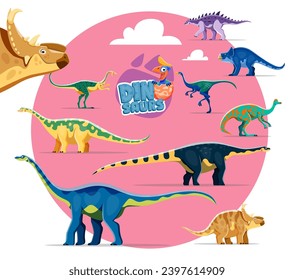 Funny dinosaurs cartoon personages. Struthiosaurus, Protoceratops, Elmisaurus and Garudimimus, Jaxartosaurus, Opisthocoelicaudia and Magyarosaurus, Quaesitosaurus, Pachyrhinosaurus dinosaur characters