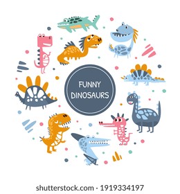 Funny Dinosaurs in Circular Shape Banner, Cover, Poster, Invitation Card, Flyer Design Template with Colorful Prehistoric Creatures Vector Illustration