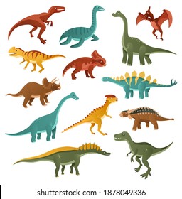 Funny dinosaurs. Collection of cartoon dinosaurs of different types. Funny animal of the Jurassic era isolated on white background. Vector illustrations