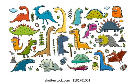 Funny dinosaurs collection, childish style. Sketch for your design