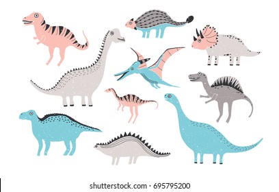 funny dinosaurs collection. Cute childish characters in pastel colors. Colorful hand drawn illustration.