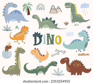 Funny dinosaurs collection with different types of cute animals, vector illustration isolated on white background