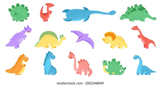 Funny dinosaurs. Colourful dinosaur print, dino cute for kids. Isolated cartoon prehistoric animals. Girls boys stegosaurus decent vector characters