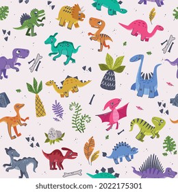 Funny Dinosaurs as Cute Prehistoric Creature and Comic Jurassic Predator Vector Seamless Pattern