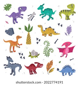 Funny Dinosaurs as Cute Prehistoric Creature and Comic Jurassic Predator Vector Set