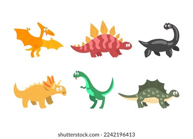 Funny Dinosaurs with Cute Snout as Wild Jurassic Beast Vector Set