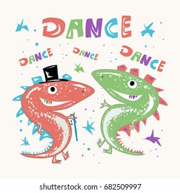 Funny dinosaurs dance during the holiday. Children's illustration. Cute dinosaurs dancing, baby print