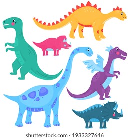 Funny dinosaurs. Dragon. A set of cartoon vector illustrations