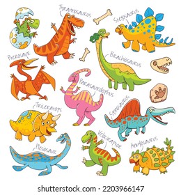 Funny dinosaurs drawn in comic style. Tyrannosaurus, Stegosaurus, Pterosaur, Brachiosaurus, Parasaurolophus, Spinosaurus, Triceratops, Velociraptor, Ankylosaurus, Plesiosaur. Cartoon characters. Set