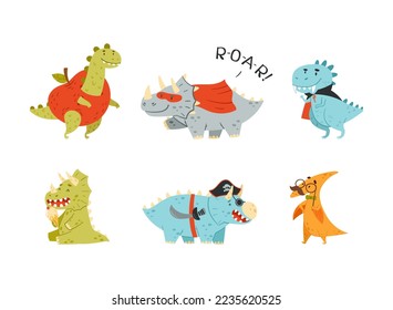 Funny dinosaurs dressed for carnival or masquerade costumes set. Cute colorful prehistoric animals. Childish print, book, sticker design cartoon vector illustration