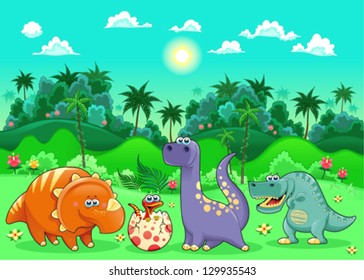 Im Wald gibt es sonnige Dinosaurier. Cartoon und Vektorgrafik