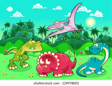 Im Wald gibt es sonnige Dinosaurier. Cartoon und Vektorgrafik