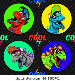 funny dinosaurs head icons vector illustration seamless pattern wallpaper poster patch textile pajama print tee shirt graphic design