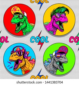 funny dinosaurs head icons vector illustration seamless pattern wallpaper poster patch textile pajama print tee shirt graphic design