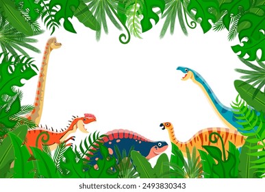 Dinosaurios divertidos en lianas de la selva y hojas verdes del bosque de fondo de marco. Personajes de dibujos animados de animales de dinosaurio lindos enmarcados con bordes de Vector de brachiosaurus, lotosaurus, camptosaurus y plantas jurásicas