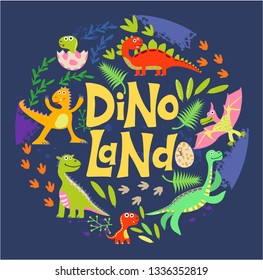 Funny dinosaurs with leaves and the inscription - dino land. Illustration for children. Dino color flat hand drawn vector character set. 