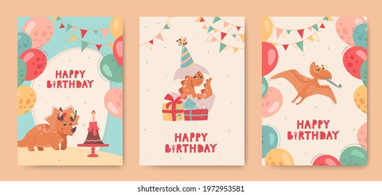 Funny dinosaurs on holiday cards for kids. Pteranodon, Triceratops, and a small newborn dinosaur that hatched from an egg. Happy birthday greeting cards. Lettering, balloons, buntings. Vector, cartoon