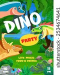 Funny dinosaurs on kids dino party flyer for entertainment event, vector background. Kids dino party invitation flyer or festival and family picnic, cartoon poster with Jurassic dinosaur characters