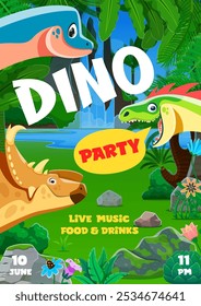 Dinossauros engraçados em crianças dino festa folheto para evento de entretenimento, fundo vetorial. Crianças dino festa convite flyer ou festival e piquenique familiar, cartaz de desenho animado com personagens dinossauros jurássicos