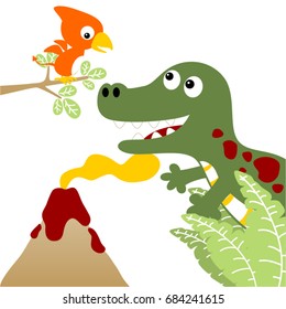 Funny dinosaurs on volcano eruption background, vector cartoon illustration