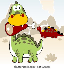 Funny dinosaurs on volcanoes background, vector cartoon illustration