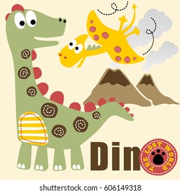 Funny dinosaurs on volcanoes background, kids t shirt design, vector cartoon illustration