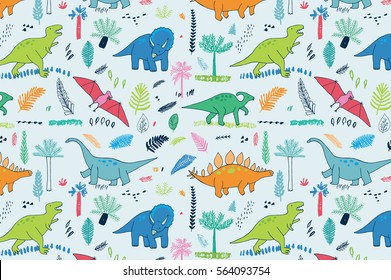 funny dinosaurs with palm leaves background