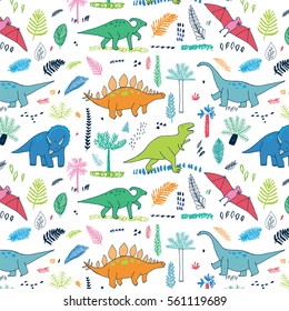 funny dinosaurs with palm leaves pattern