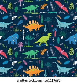 funny dinosaurs with palm leaves pattern