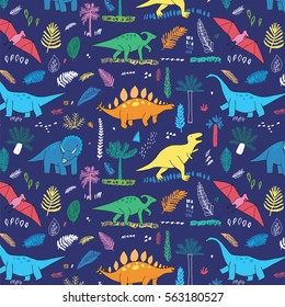 funny dinosaurs with palm leaves pattern