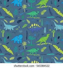 funny dinosaurs with palm leaves pattern