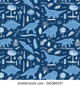 funny dinosaurs with palm leaves pattern
