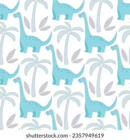 Funny dinosaurs and palm trees seamless pattern. Baby background with cute dino. Character and foliage print for kid textile, wallpaper, paper, packaging and design, vector illustration