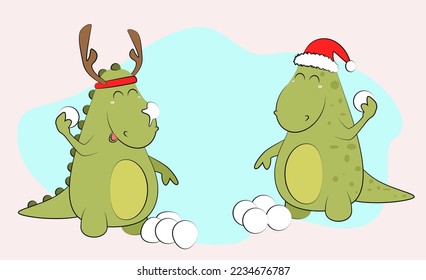funny dinosaurs play snowballs with hat in new year day