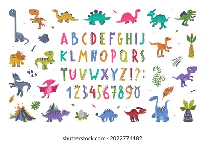 Funny Dinosaurs Prehistoric Creature and Comic Dino Alphabet Letters Vector Set