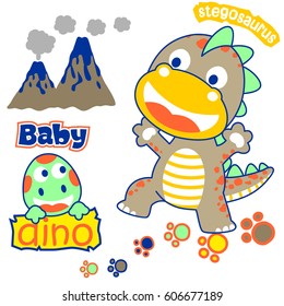 Funny dinosaurs with prehistoric elements, vector cartoon illustration