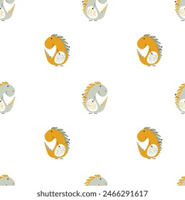 Funny dinosaurs print. Kids seamless dino pattern in pastel colors. For nursery, wallpaper, baby clothing, packaging, wrapping paper